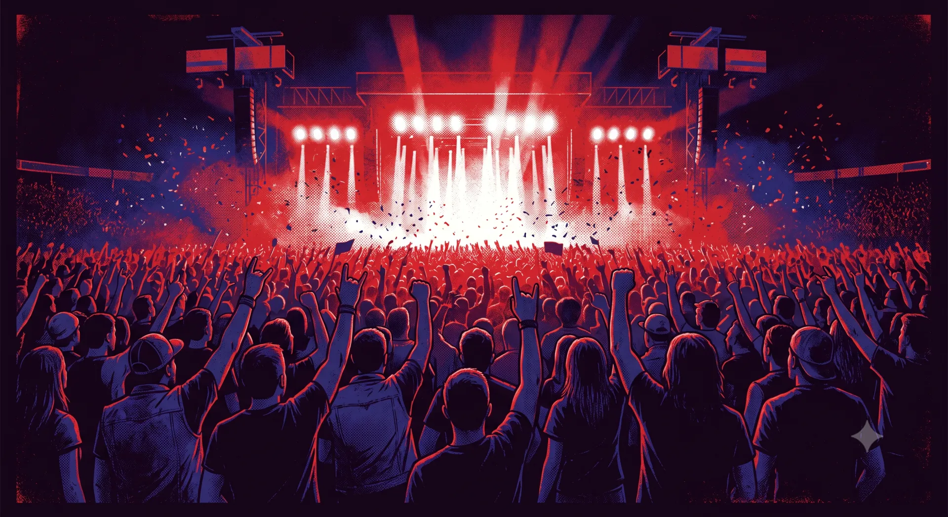 Multidão em show de metal com as mãos ao alto