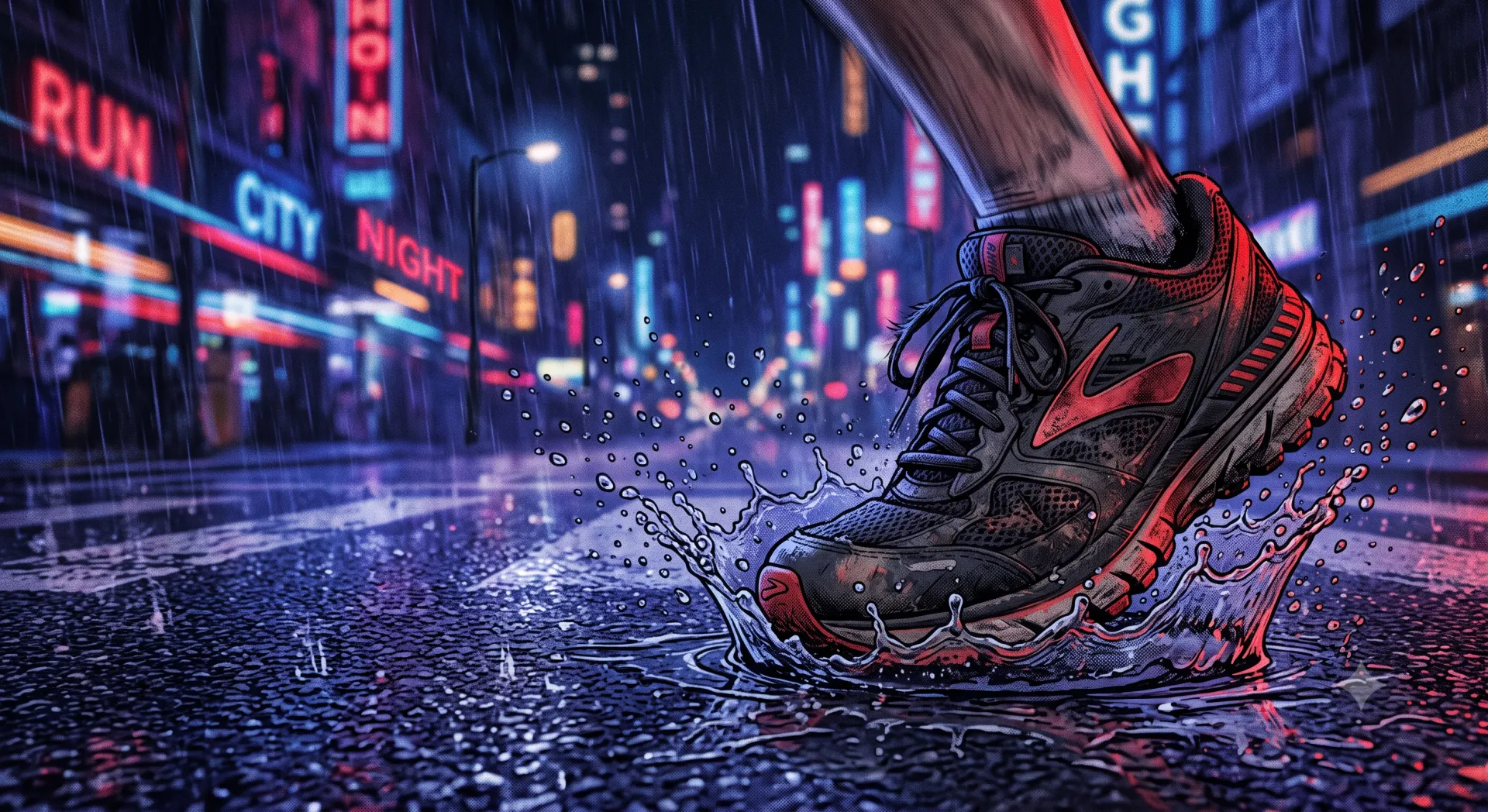 Tênis de corrida pisando em poça sob luzes de neon do centro